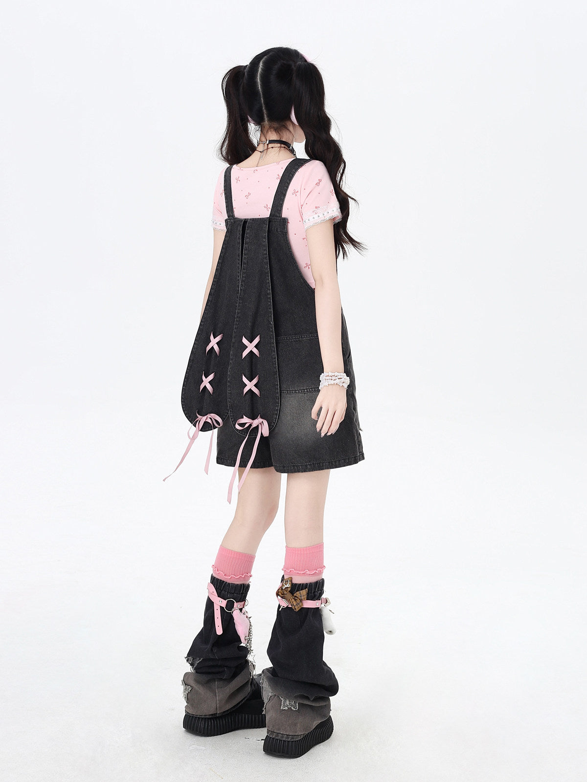CrazyGirl Clii Rabbit Original Sweet Bunny Ear Tie Embroidery Denim Suspender Shorts – Summer