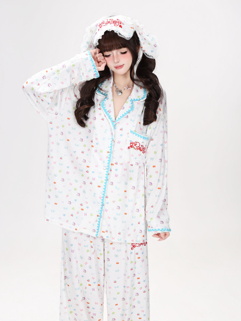 CrazyGirl Sweet Dreamy Colorful Bunny Print Soft Oversized Lounge Pajama Set – Spring & Fall Long Sleeve