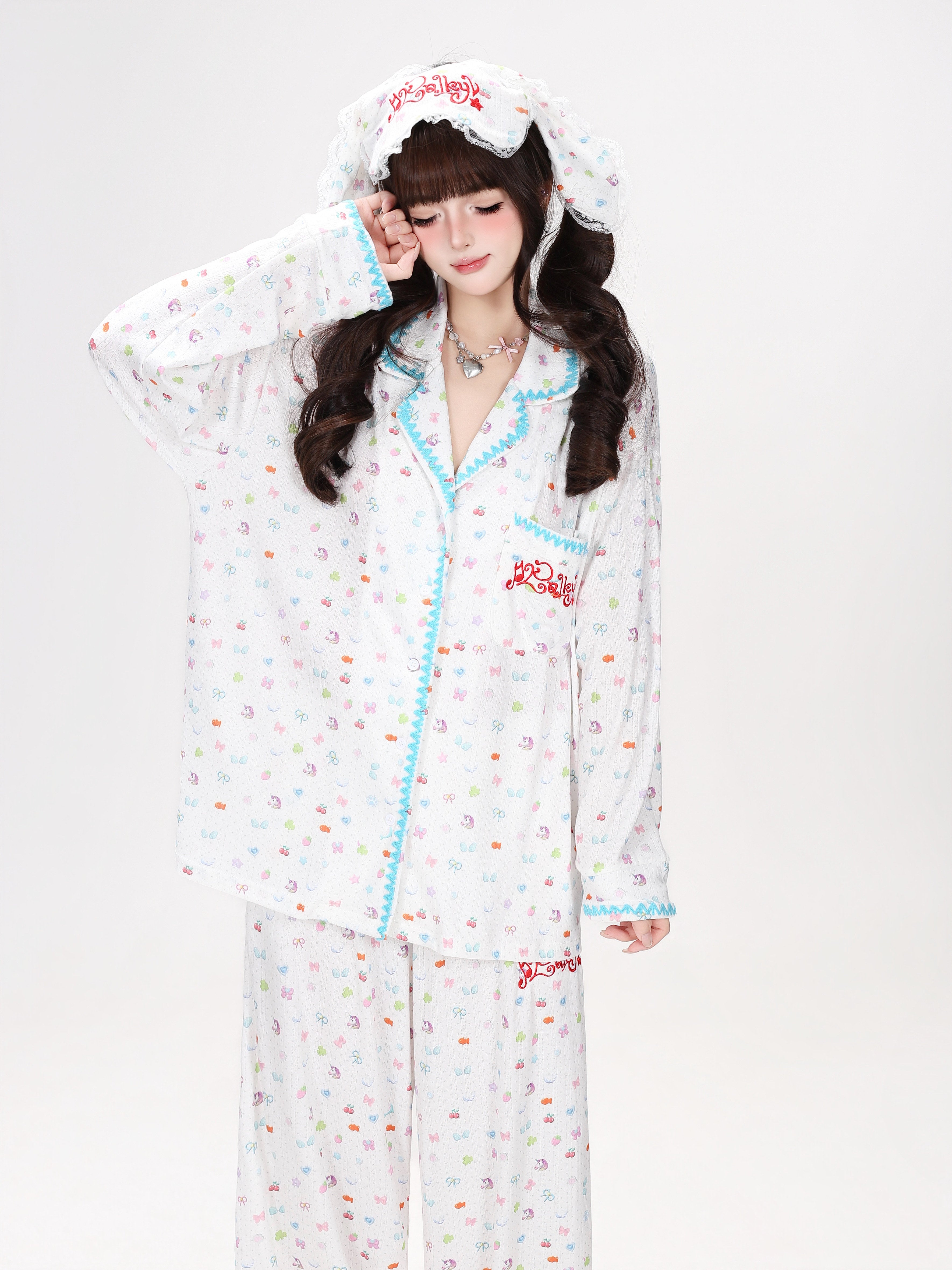 CrazyGirl Sweet Dreamy Colorful Bunny Print Soft Oversized Lounge Pajama Set – Spring & Fall Long Sleeve