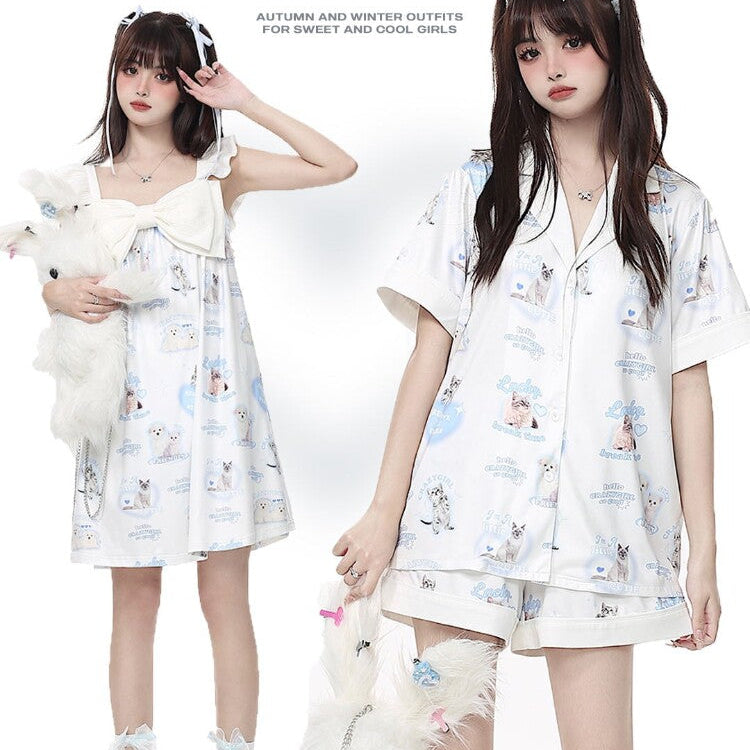 CRAZYGIRL Goodnight Kitten Original Spring Summer Skin-Friendly Pajama Set & Nightdress – Women's Home Lounge Set
