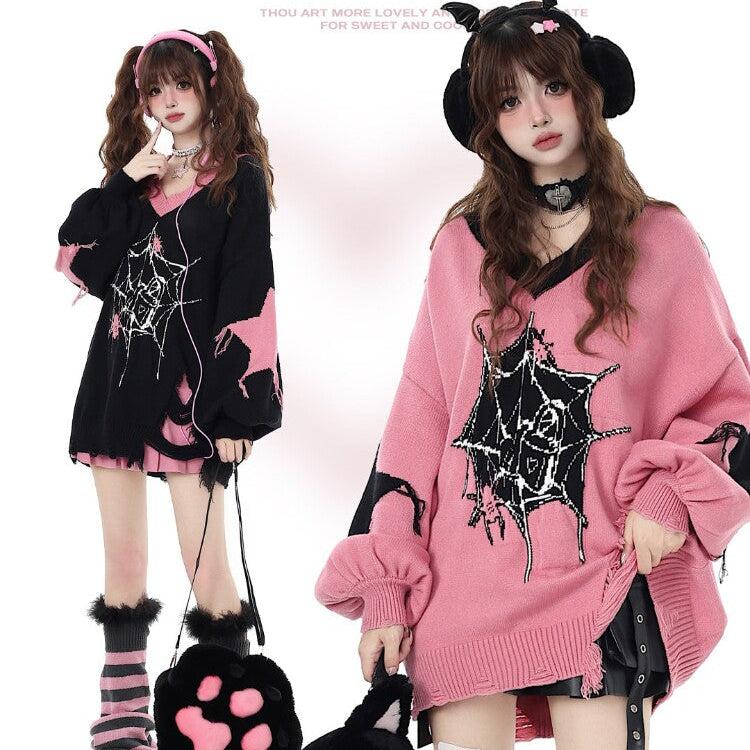 Pure Love Cycle Original Dark Sweet Cool Star V-Neck Loose Knit Pullover Sweater – Fall Winter