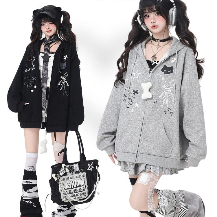 Crazy Girl Cute Cat Ear Drawstring Hoodie Zip Jacket – Oversized Fall Sweatshirt