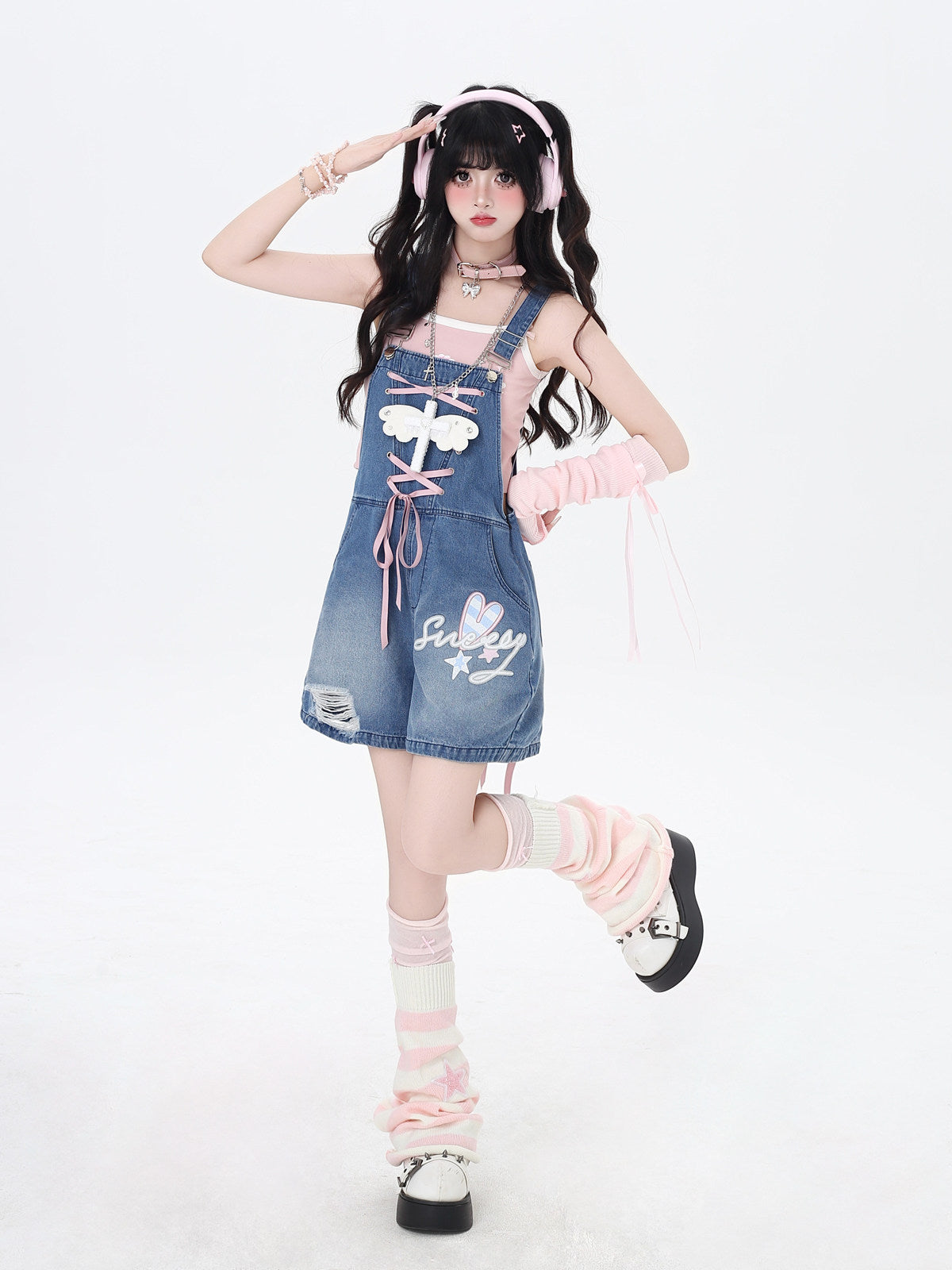 CrazyGirl Clii Rabbit Original Sweet Bunny Ear Tie Embroidery Denim Suspender Shorts – Summer