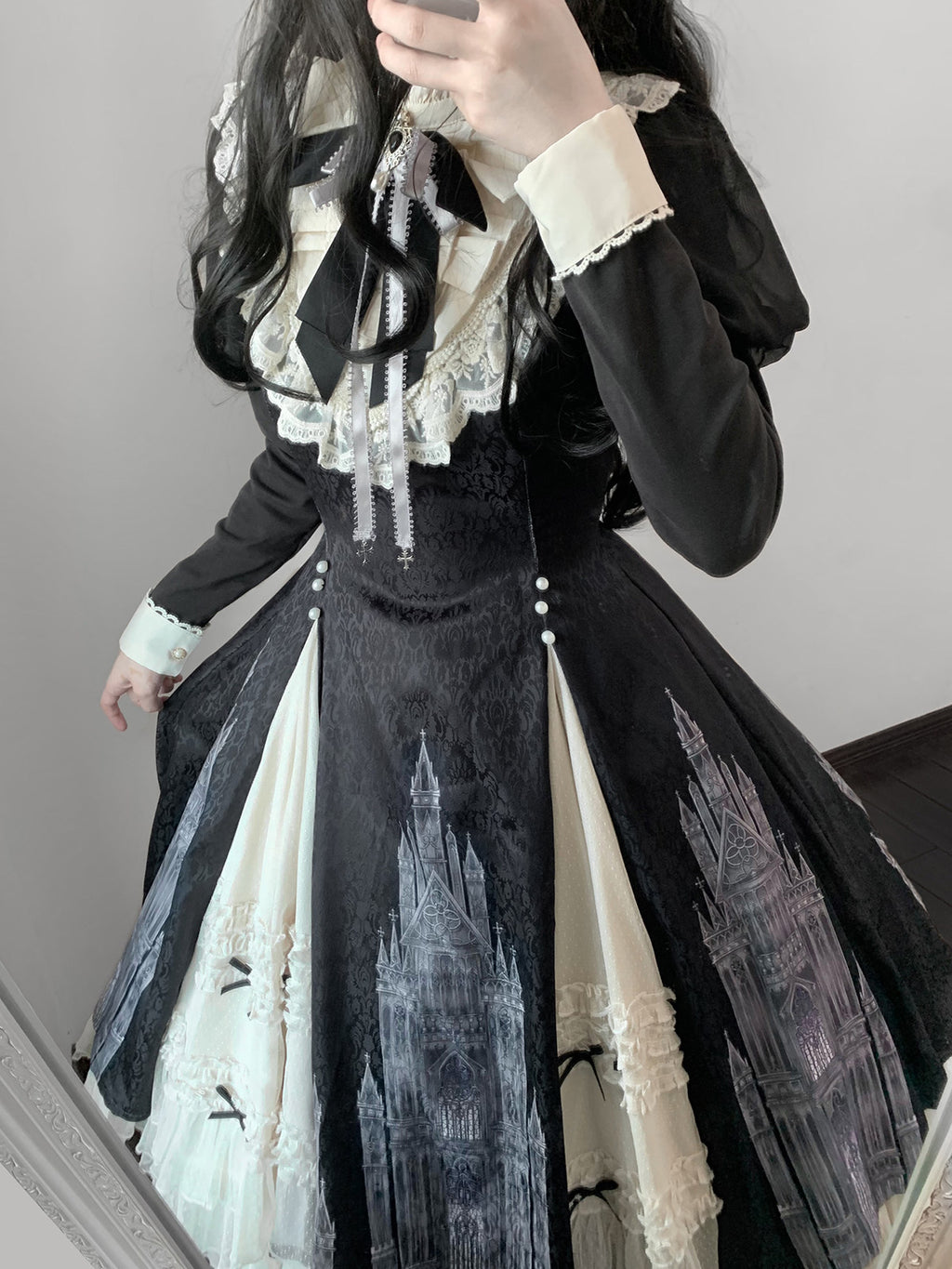 Church Bell Gothic Cathedral Classic Lolita Dress - Long Sleeve E-egant Black - S-L