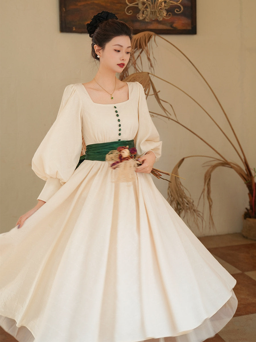 Laurel Ball French Vintage Jacquard Dress - Apricot Ivory Big Bow Belt- S-XL