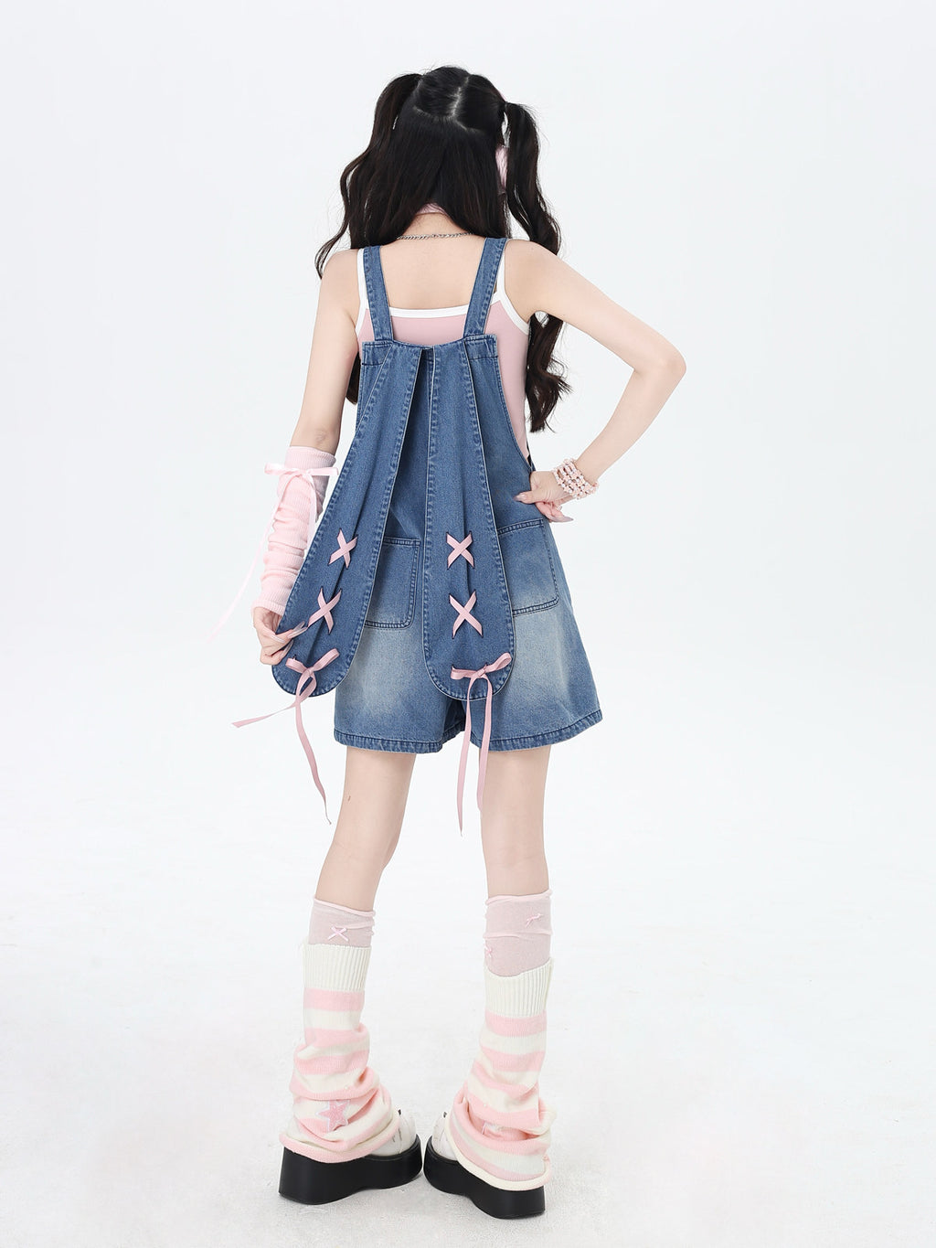 CrazyGirl Clii Rabbit Original Sweet Bunny Ear Tie Embroidery Denim Suspender Shorts – Summer
