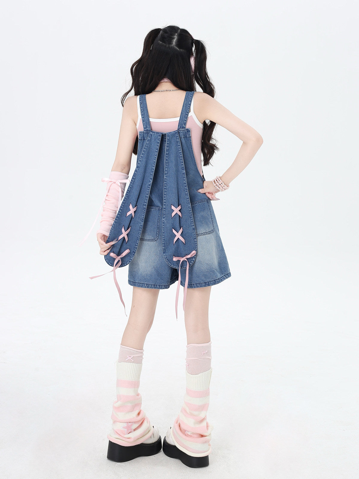 CrazyGirl Clii Rabbit Original Sweet Bunny Ear Tie Embroidery Denim Suspender Shorts – Summer