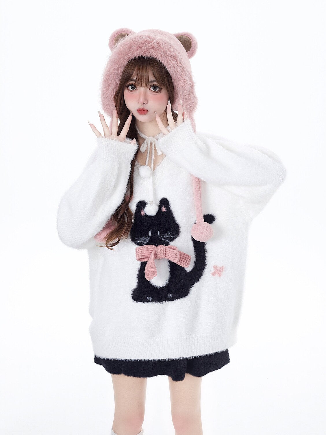 Lazy Little Cat Original Ribbon Soft Cozy Oversized Inner Sweater – Fall Winter New Year Red