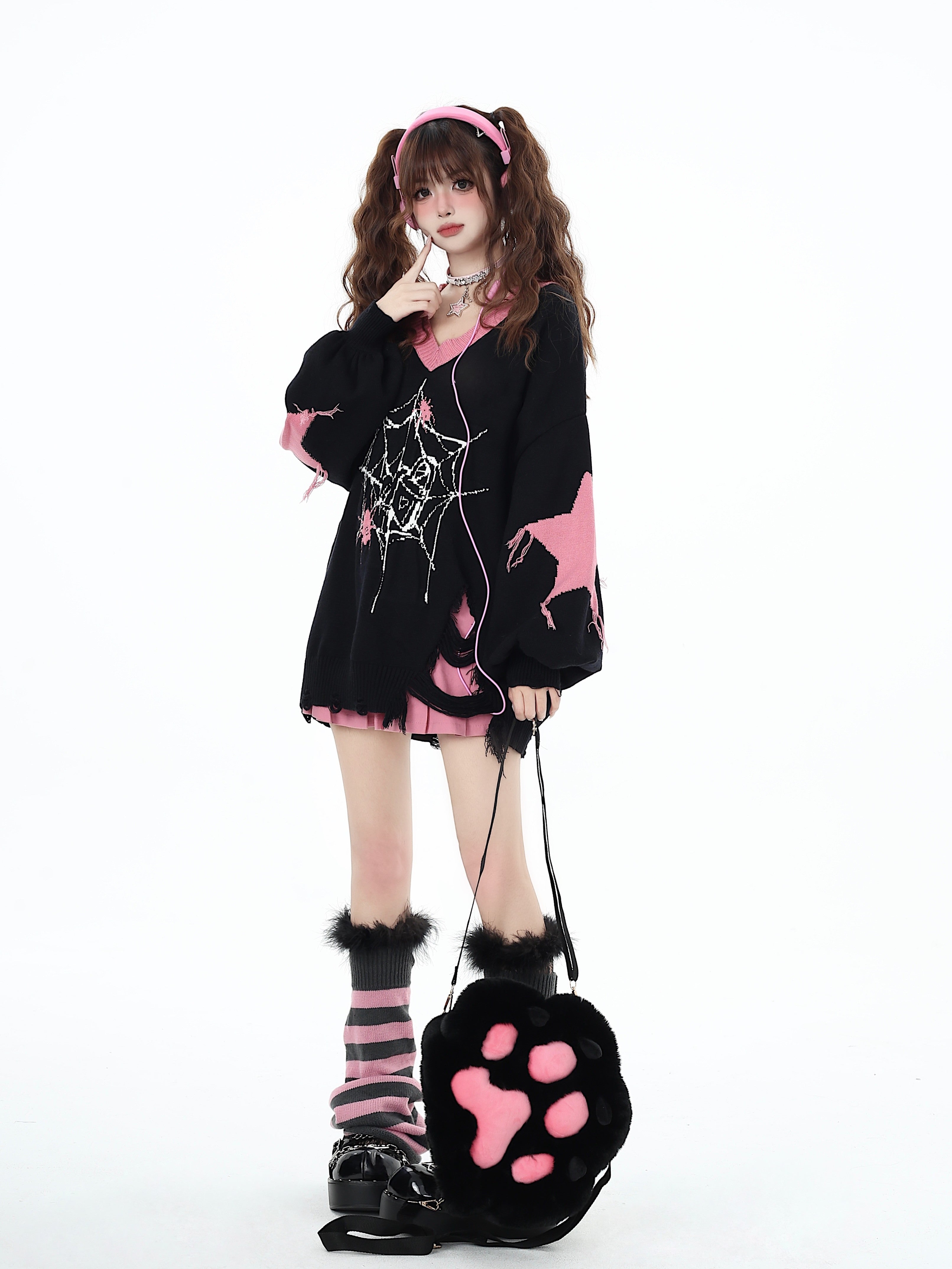 Pure Love Cycle Original Dark Sweet Cool Star V-Neck Loose Knit Pullover Sweater – Fall Winter