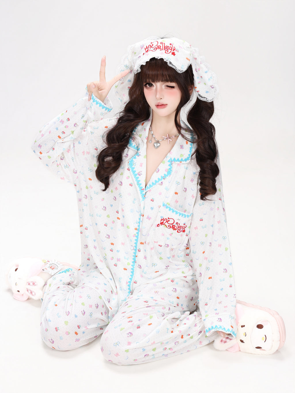 CrazyGirl Sweet Dreamy Colorful Bunny Print Soft Oversized Lounge Pajama Set – Spring & Fall Long Sleeve