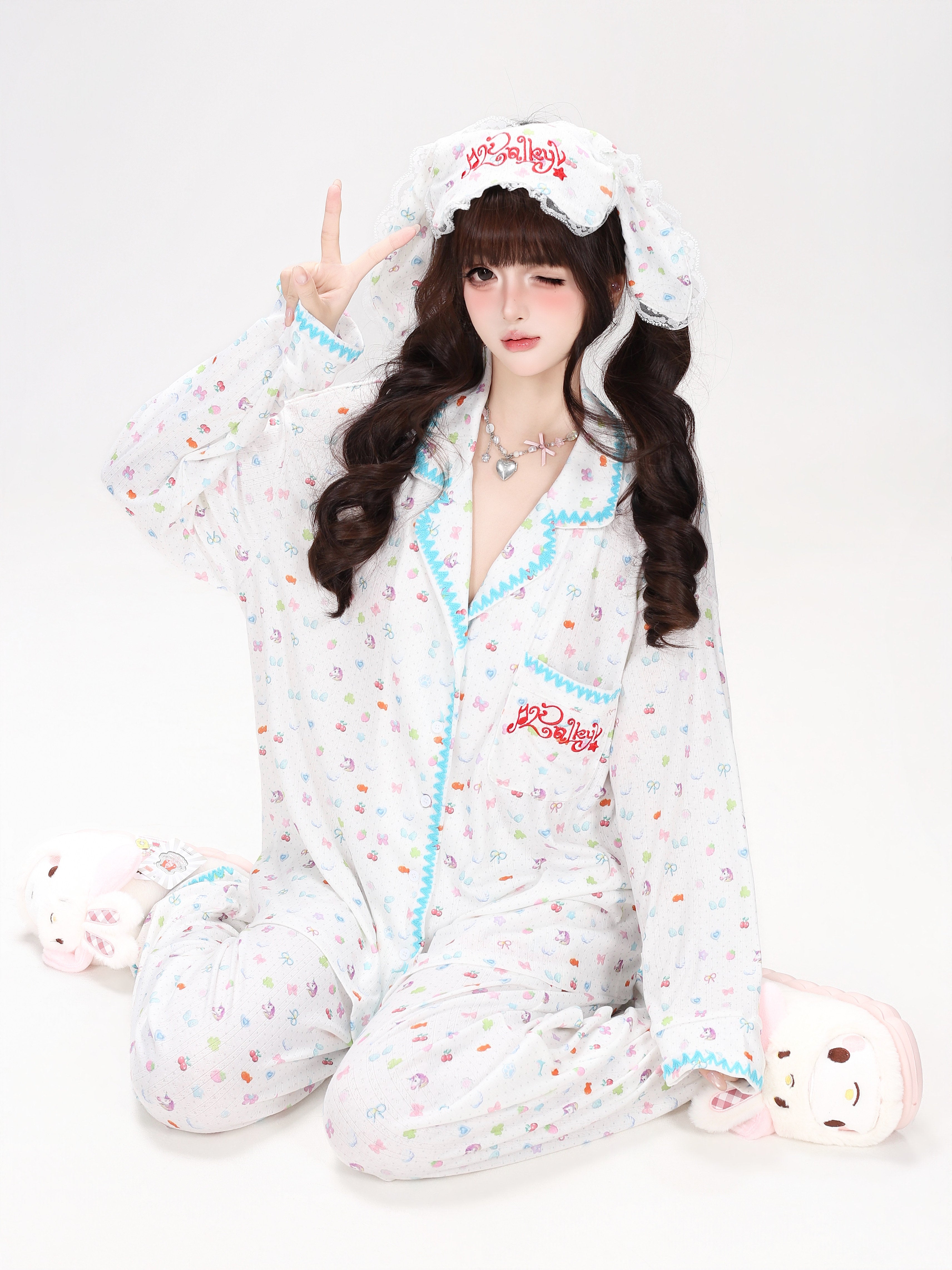CrazyGirl Sweet Dreamy Colorful Bunny Print Soft Oversized Lounge Pajama Set – Spring & Fall Long Sleeve
