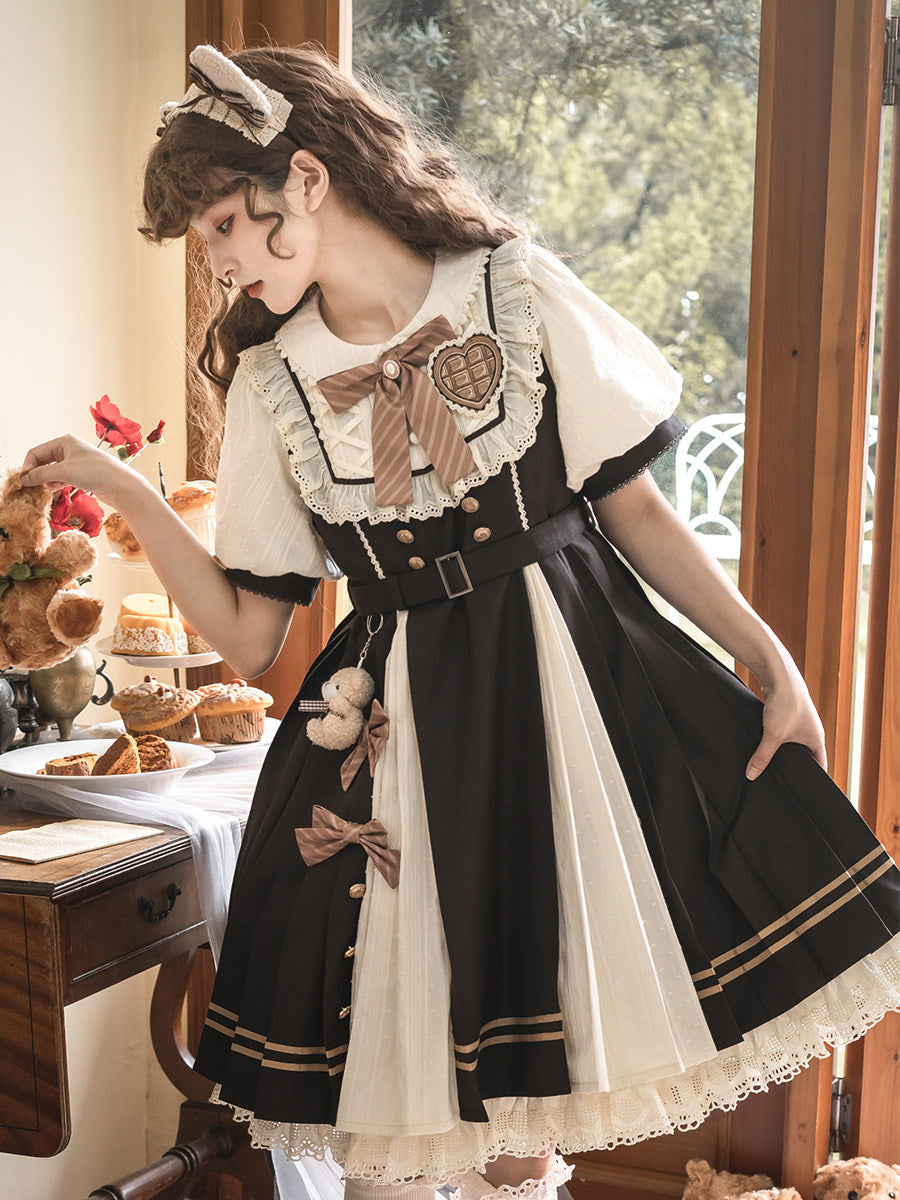Chocolate Workshop Classic Lolita OP Dress - Black Cream Short Sleeve Daily - S-2XL