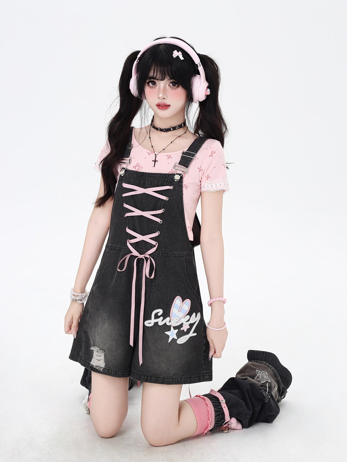 CrazyGirl Clii Rabbit Original Sweet Bunny Ear Tie Embroidery Denim Suspender Shorts – Summer