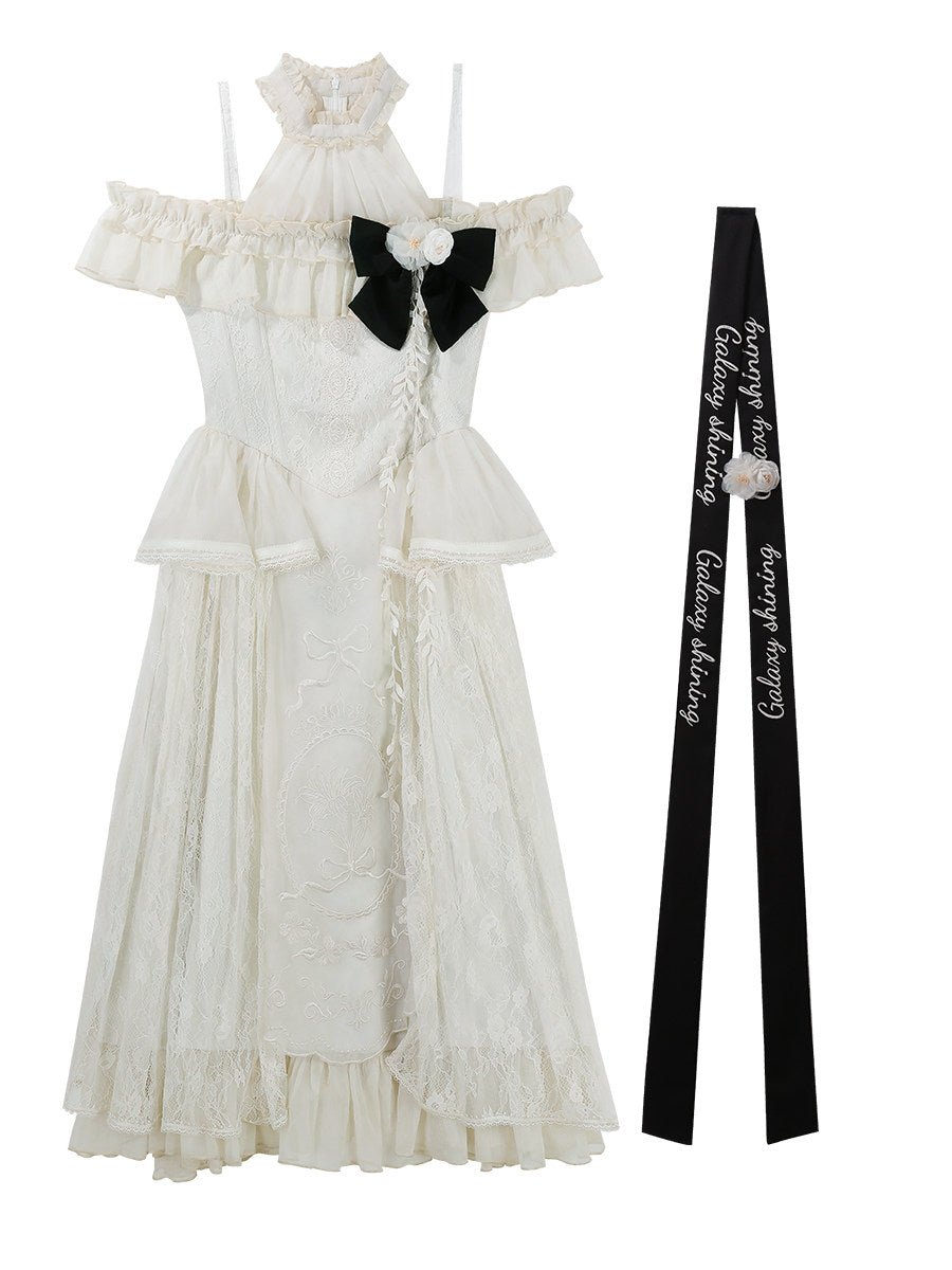 Bird Floral Classic Lolita Dress - Off Shoulder Halter - Vintage Lace Midi Dress