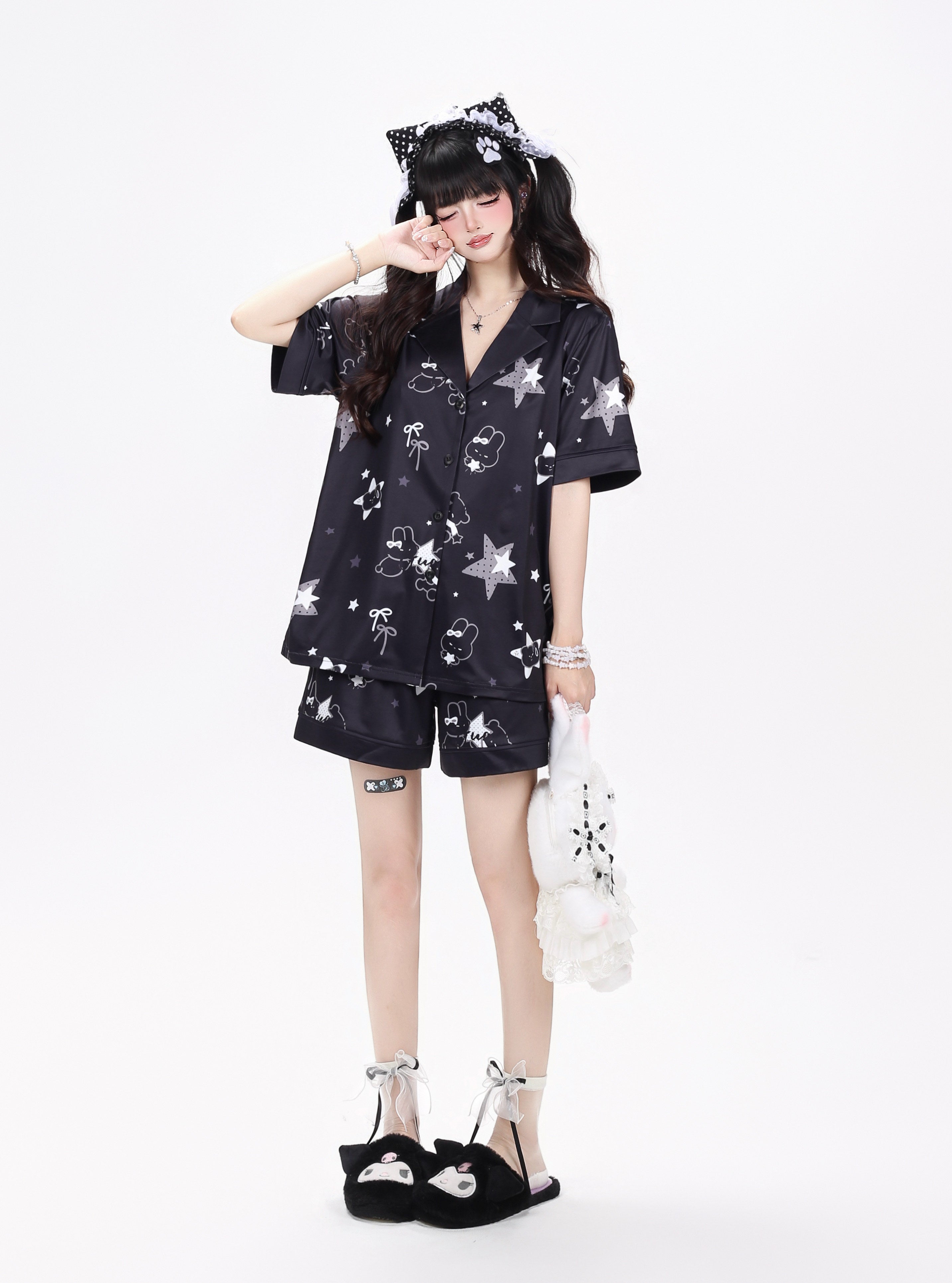 Black & White Little Rabbit Short Sleeve Original Skin-Friendly Girly Lounge Pajama Set – Summer Women