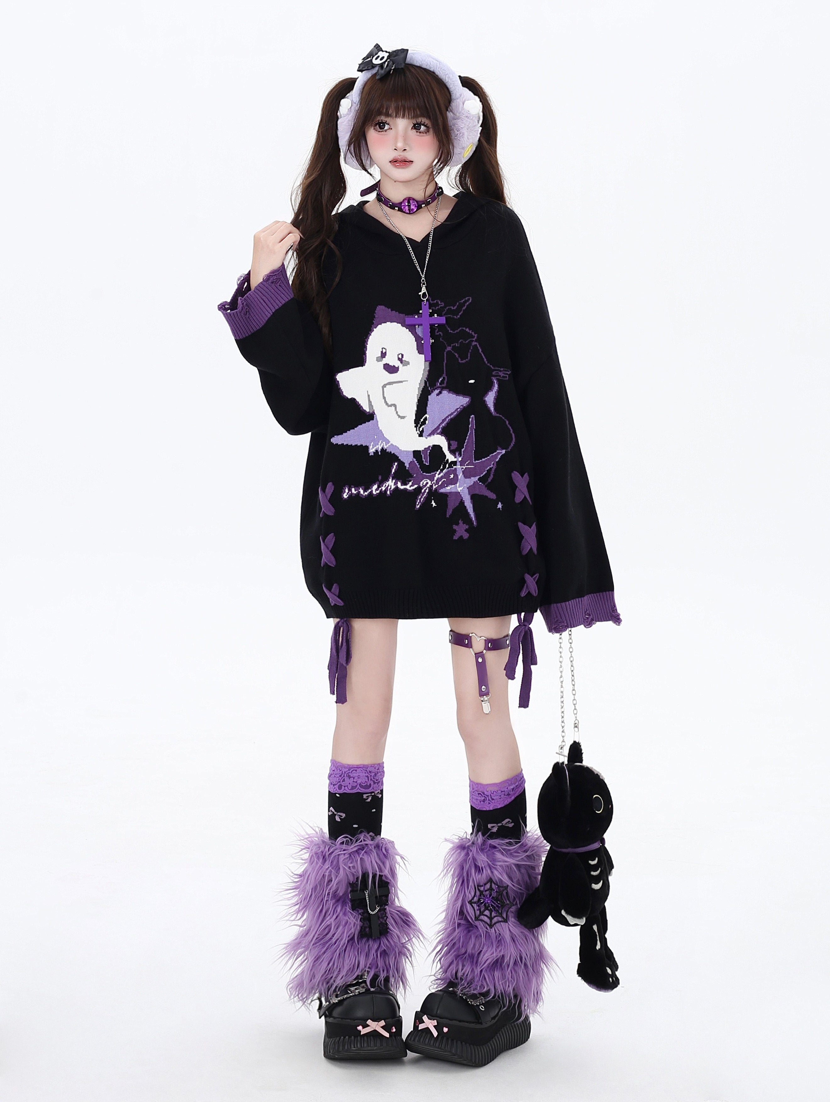 Halloween Little Ghost Original Black Purple Color Block Tie-Up Oversized Sweater Top – Winter Women