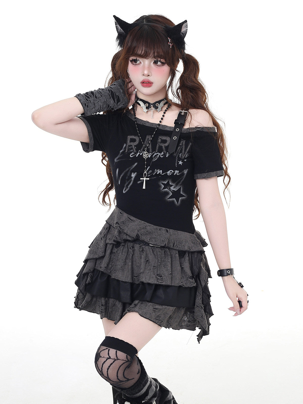 Knox Moon Subculture Off-Shoulder Niche Design Short Distressed Slim Top T-Shirt – Summer