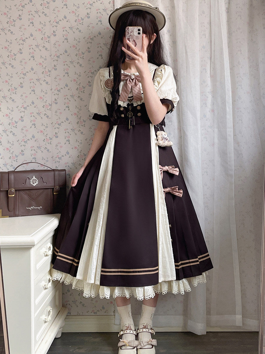 Chocolate Workshop Classic Lolita OP Dress - Black Cream Short Sleeve Daily - S-2XL