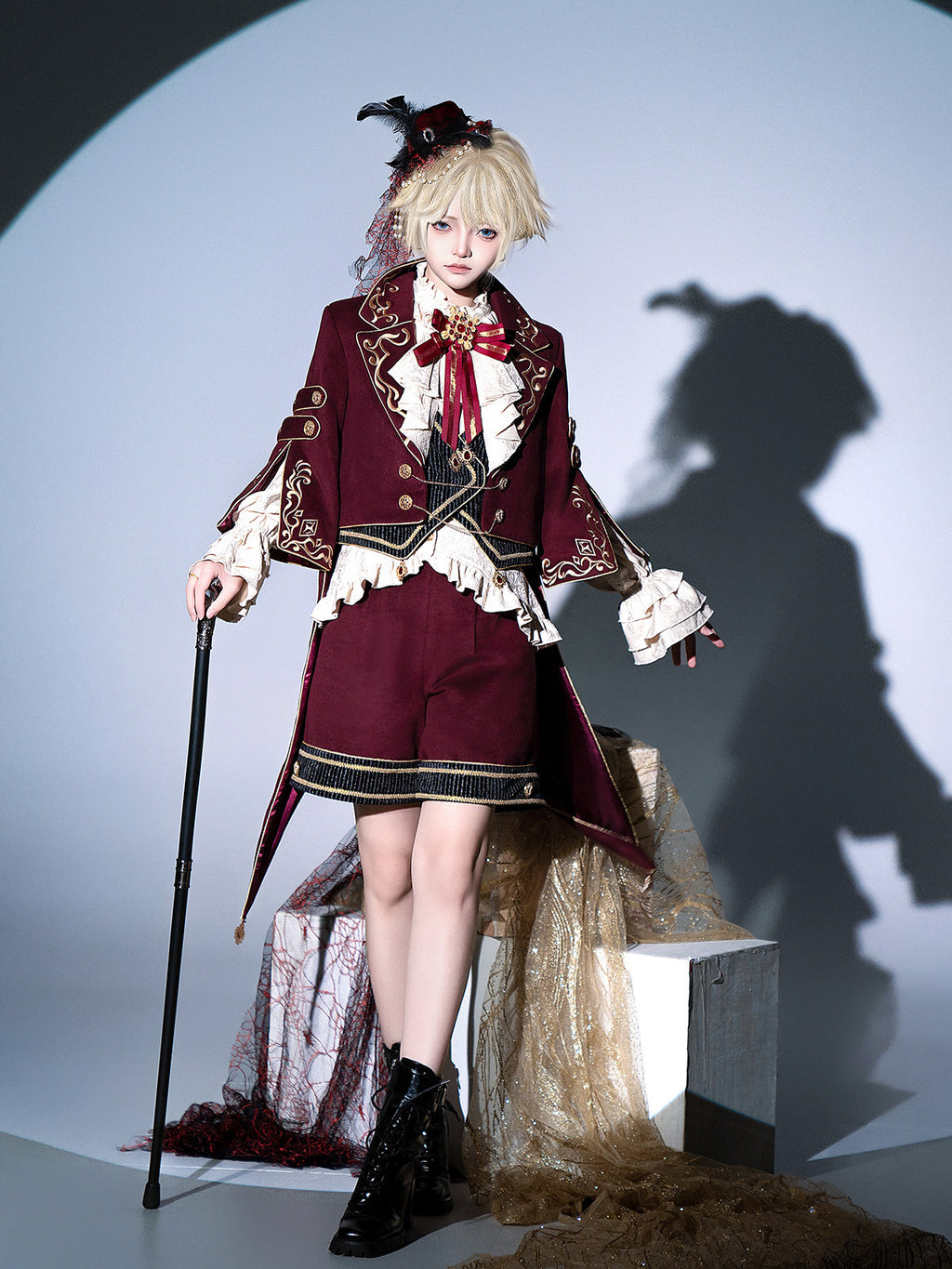 Prince Ouji Lolita Set- Embroidered Jacket Top Shorts-Burgundy Autumn Winter S-XXL