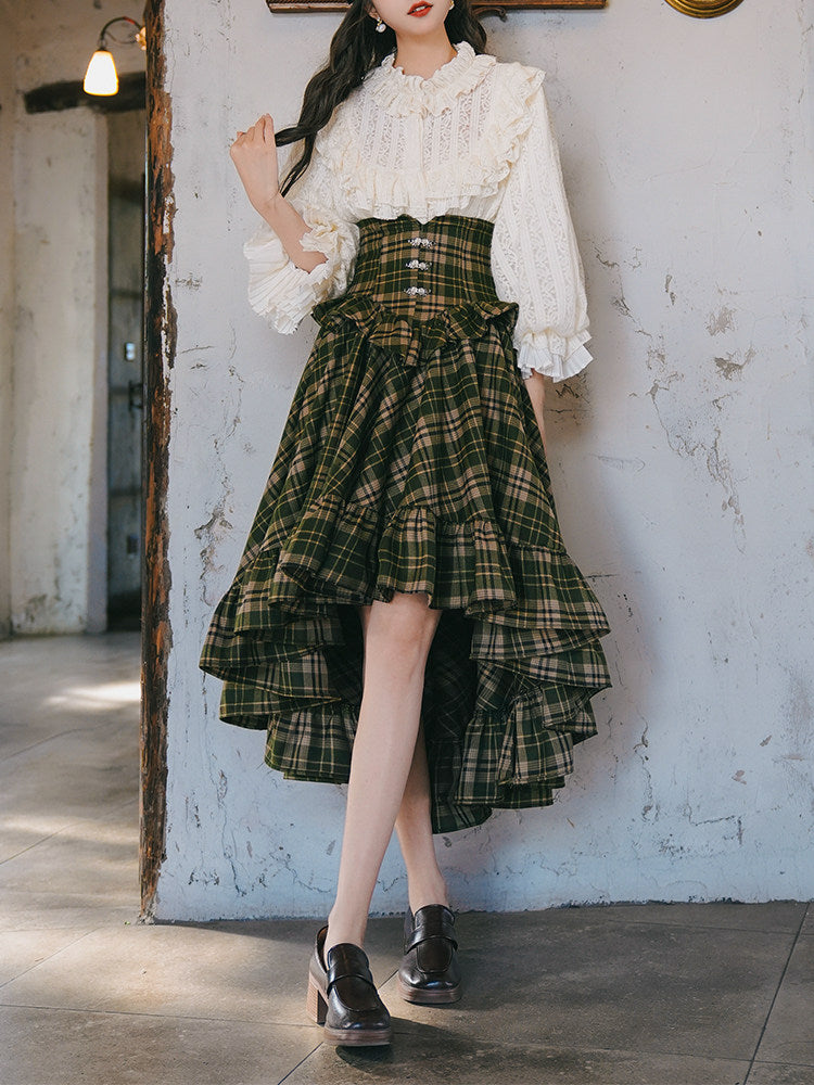 MiAi Original Moon Shadow Ode Victorian Dark Green Plaid Lolita Skirt | Rose Clasp Ruffle Long | S-L