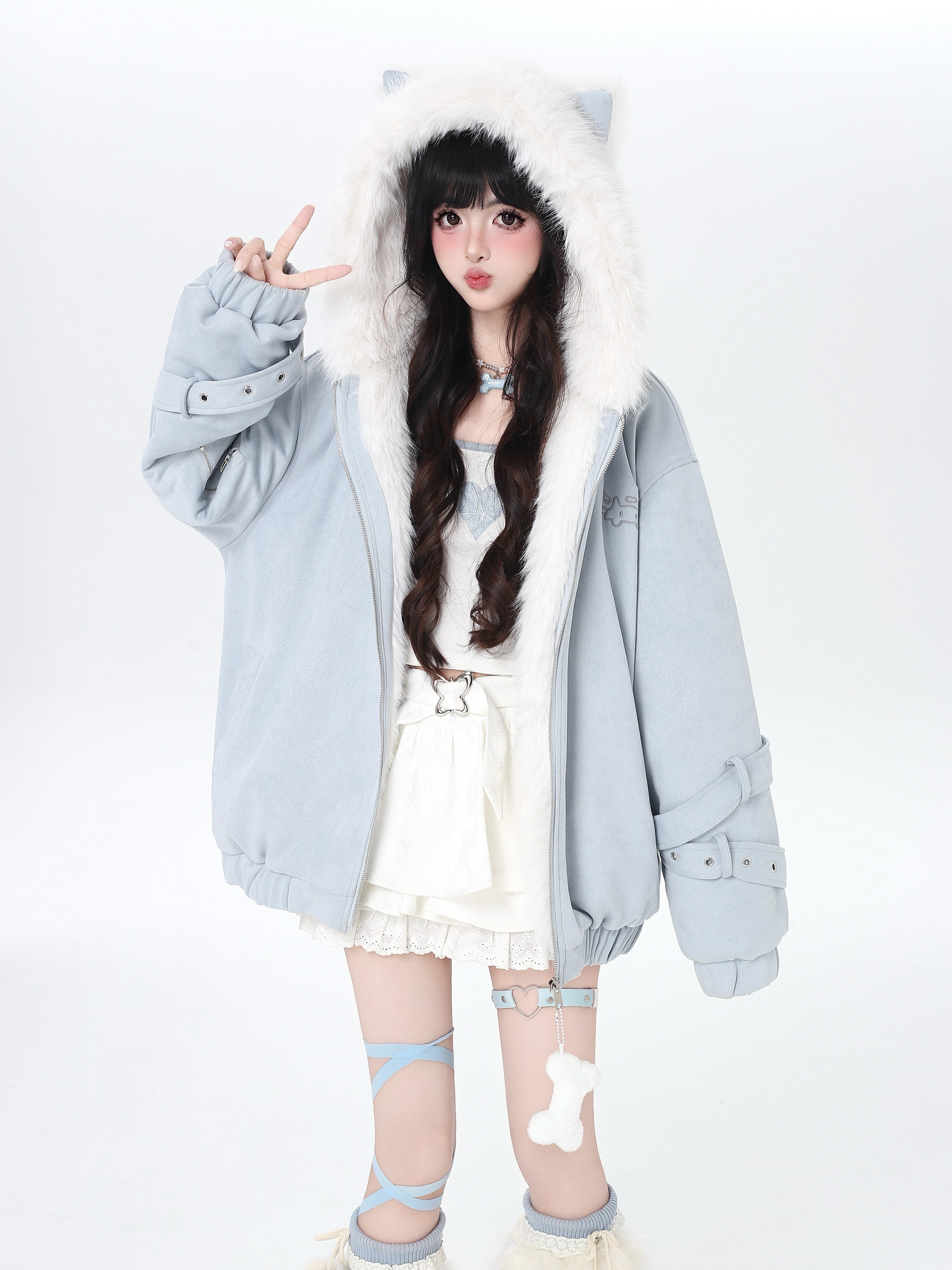 Angel Kitty Fluffy Cat Ear Oversized Quilted Cotton Jacket – Casual Warm Outerwear