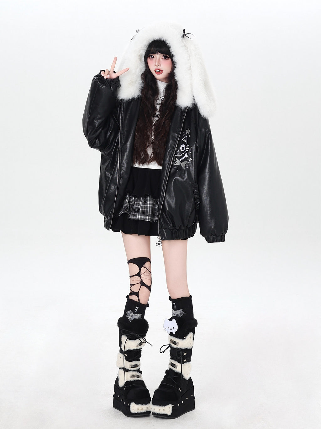 CrazyGirl Snow Girl Original Bunny Ear Hood Leather Jacket – Winter Versatile Cotton Lined Jacket