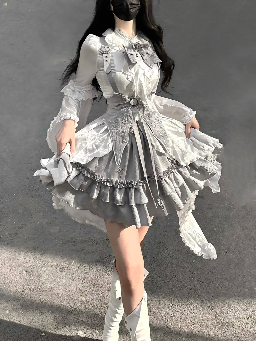 Silver Key Gothic Lolita Set - White Shirt Waist Belt Skirt - S-2XL