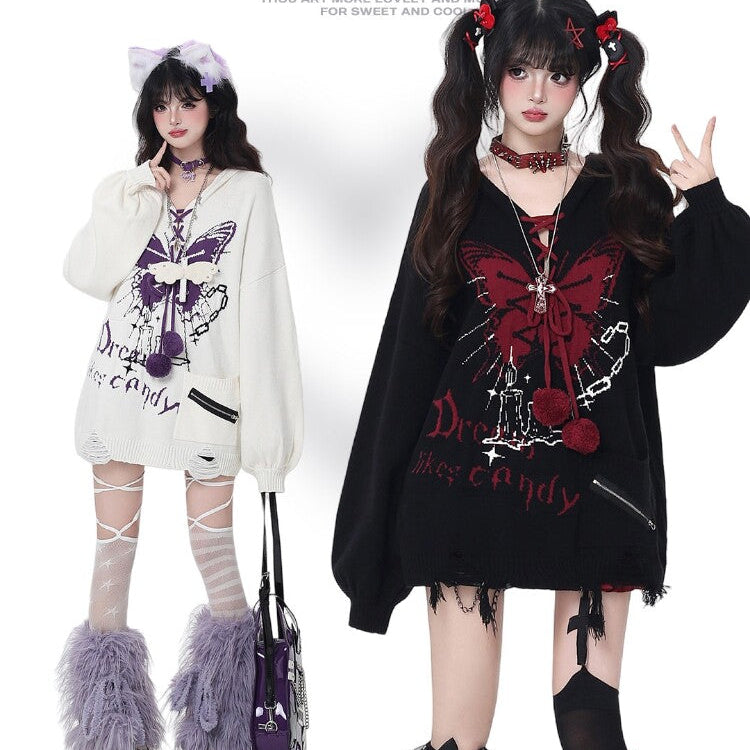 Crazy Girl Butterfly Shackles Original V-Neck Hood Oversized Lantern Sleeve Sweater – Fall & Winter