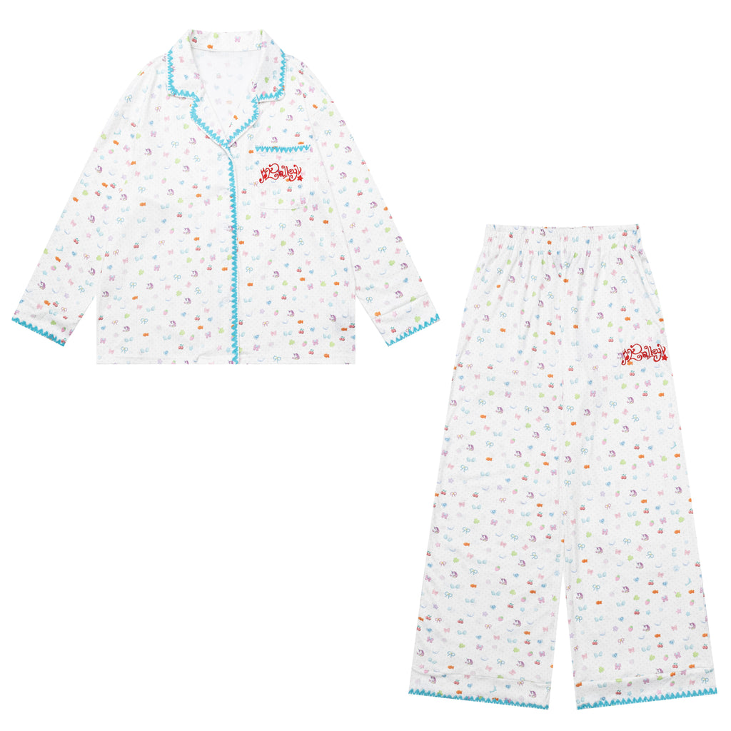 CrazyGirl Sweet Dreamy Colorful Bunny Print Soft Oversized Lounge Pajama Set – Spring & Fall Long Sleeve