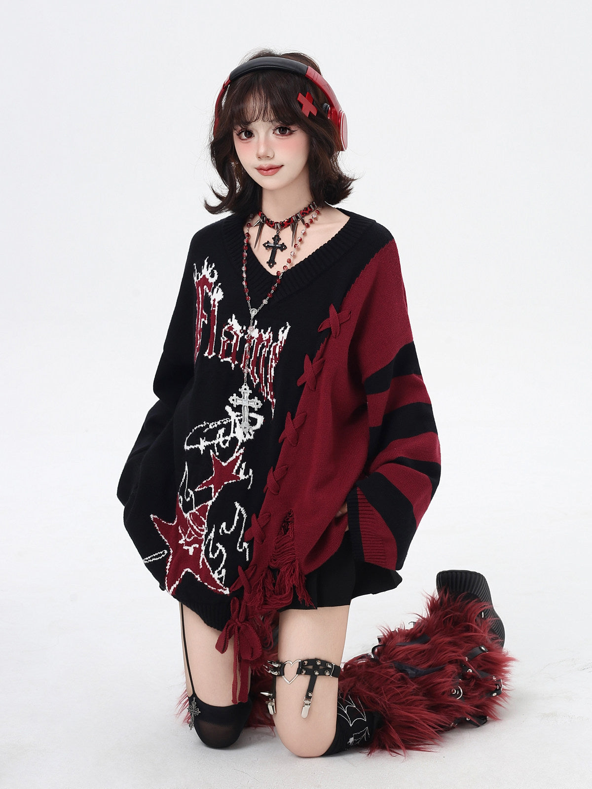 Original V-Neck Color Block Sweet Cool Oversized Sweater – Fall Winter