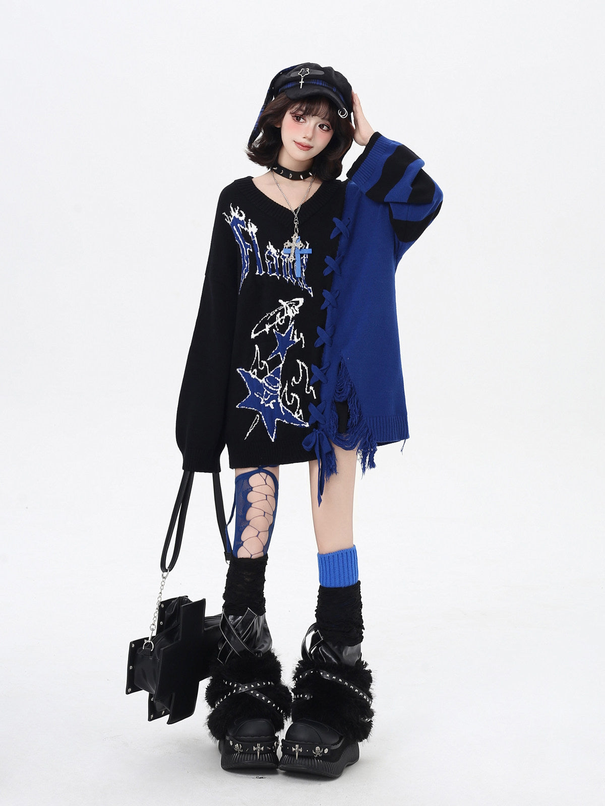 Original V-Neck Color Block Sweet Cool Oversized Sweater – Fall Winter