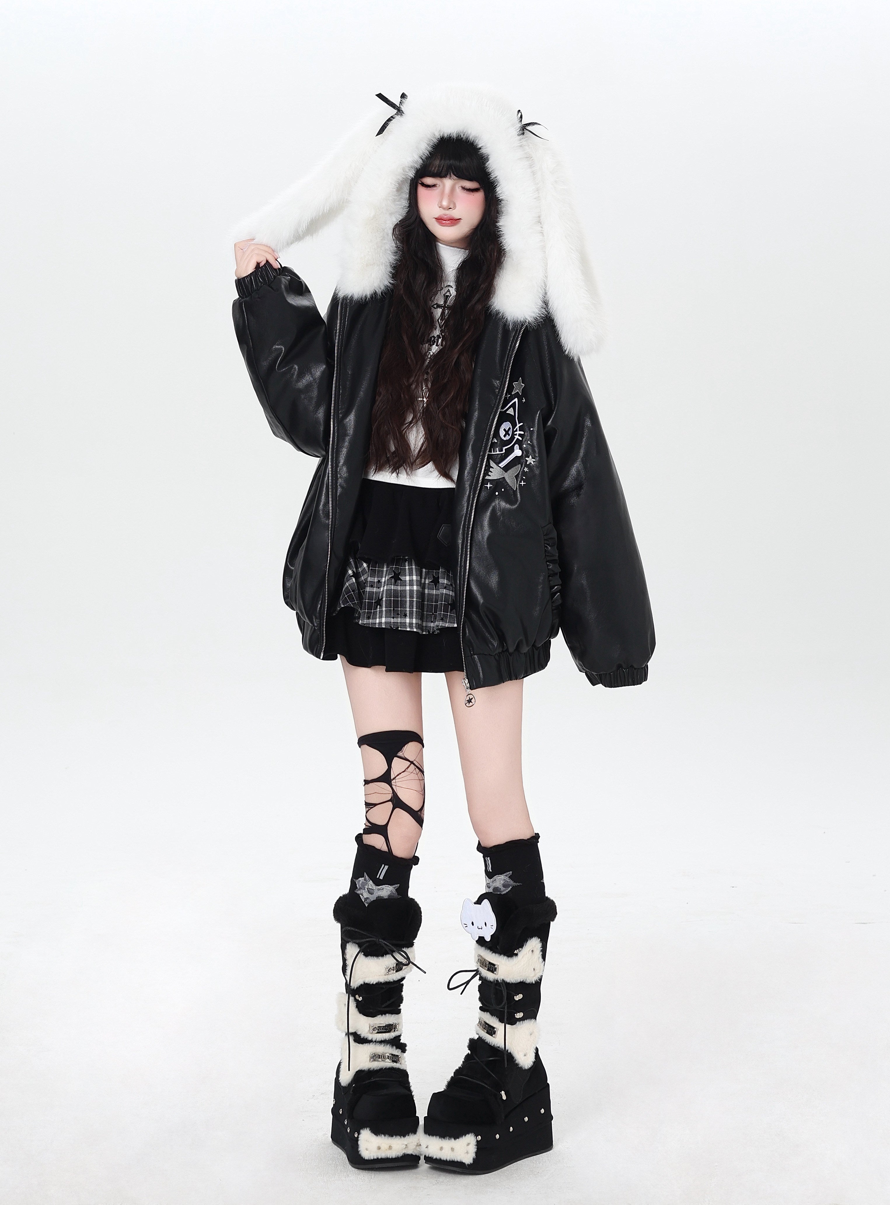 CrazyGirl Snow Girl Original Bunny Ear Hood Leather Jacket – Winter Versatile Cotton Lined Jacket