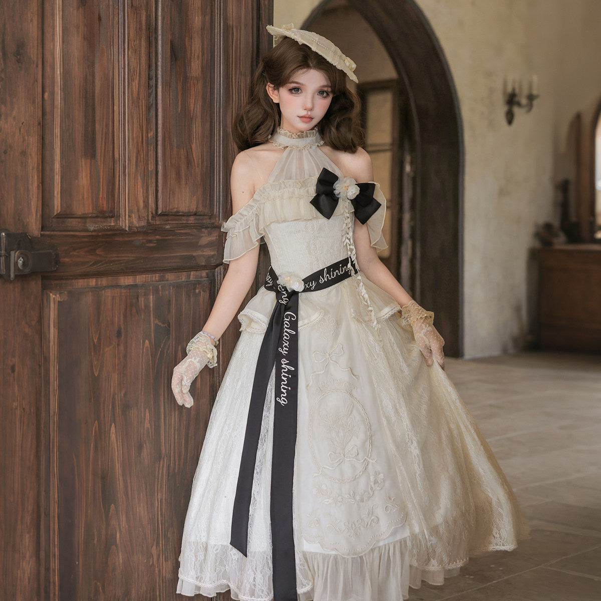 Bird Floral Classic Lolita Dress - Off Shoulder Halter - Vintage Lace Midi Dress