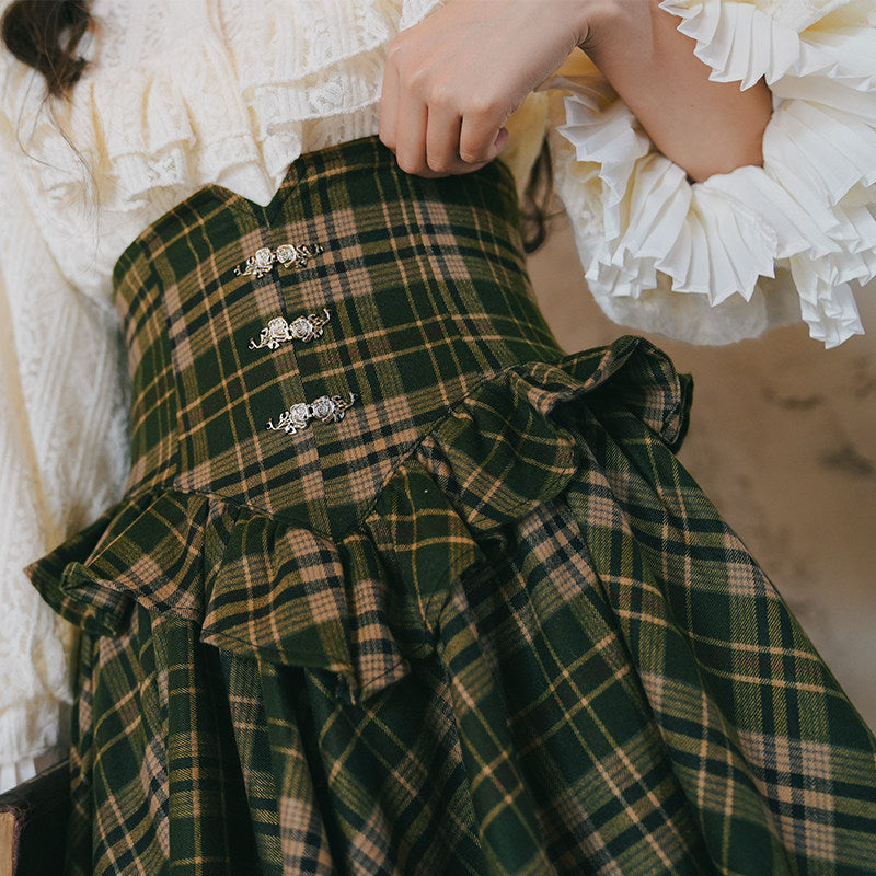 MiAi Original Moon Shadow Ode Victorian Dark Green Plaid Lolita Skirt | Rose Clasp Ruffle Long | S-L