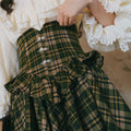 MiAi Original Moon Shadow Ode Victorian Dark Green Plaid Lolita Skirt | Rose Clasp Ruffle Long | S-L