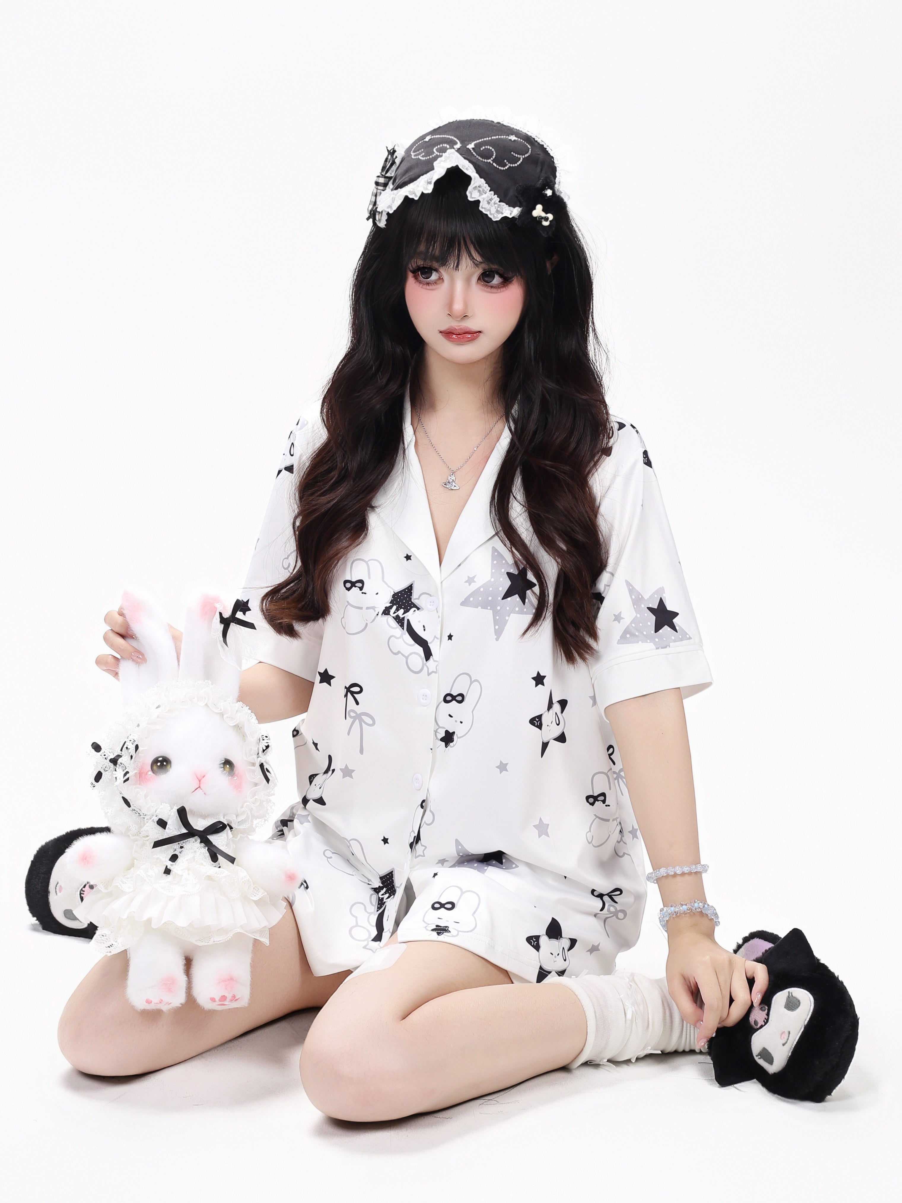 Black & White Little Rabbit Short Sleeve Original Skin-Friendly Girly Lounge Pajama Set – Summer Women