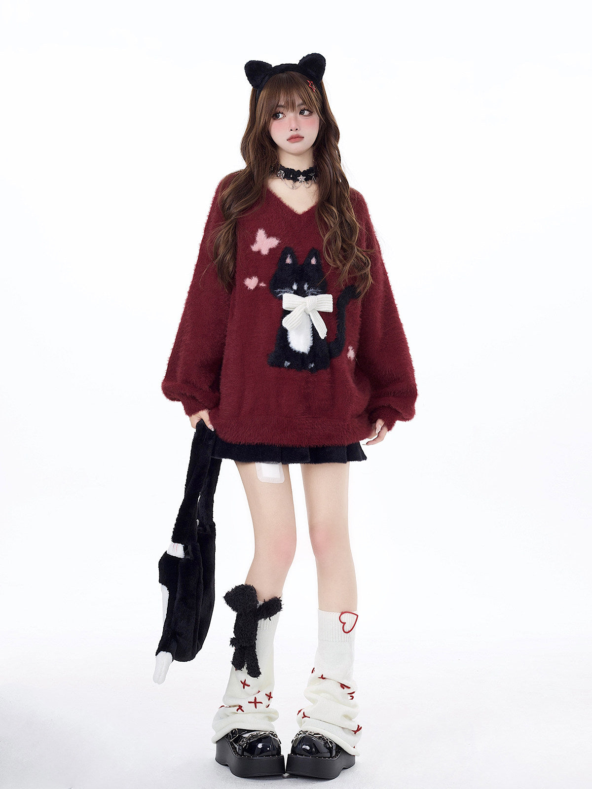 Lazy Little Cat Original Ribbon Soft Cozy Oversized Inner Sweater – Fall Winter New Year Red