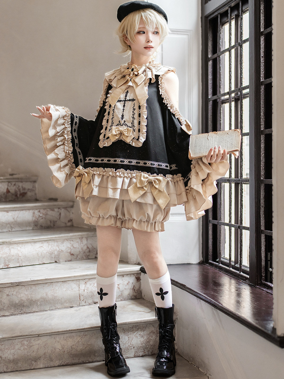 Gothic Lolita Prince Set - Dark Academia Cross Top & Shorts - S-2XL