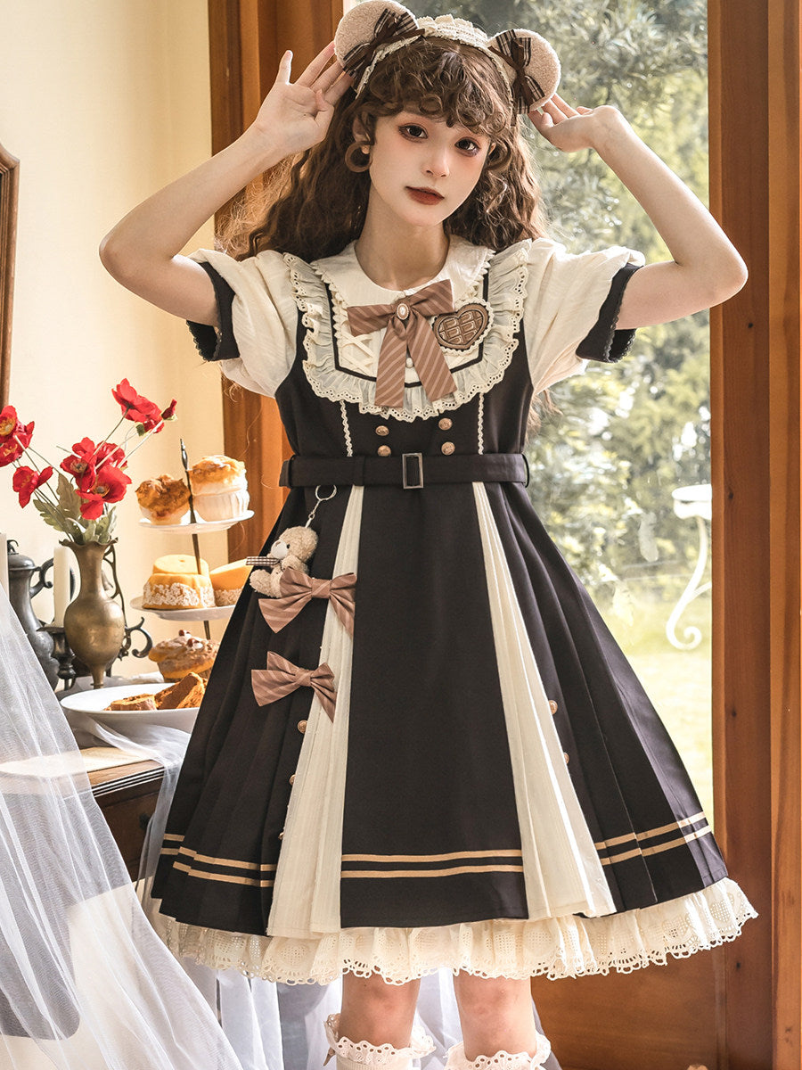 Chocolate Workshop Classic Lolita OP Dress - Black Cream Short Sleeve Daily - S-2XL