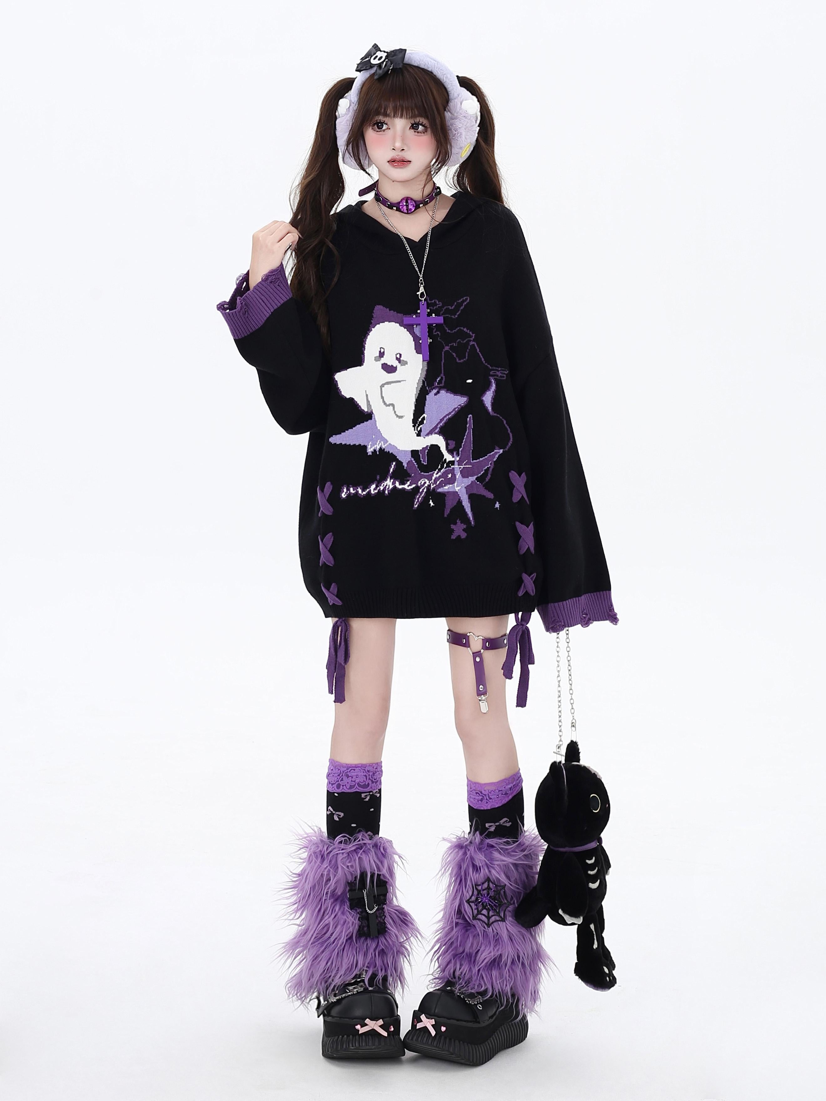 Halloween Little Ghost Original Black Purple Color Block Tie-Up Oversized Sweater Top – Winter Women