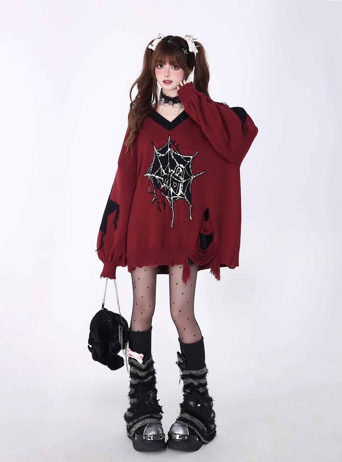 Pure Love Cycle Original Dark Sweet Cool Star V-Neck Loose Knit Pullover Sweater – Fall Winter