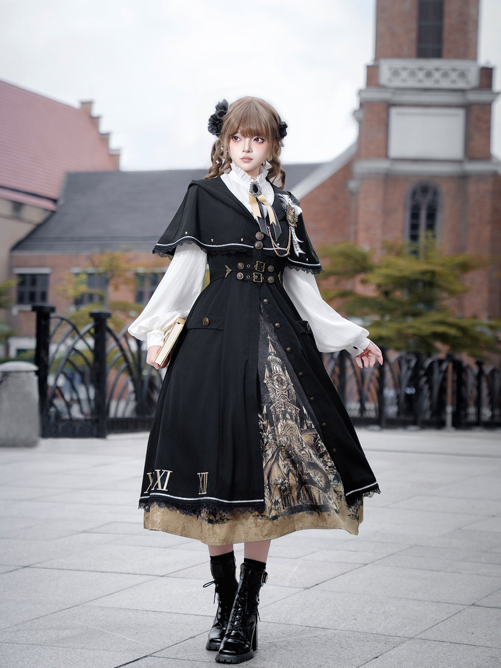 Time Dragon Lolita Set- Dark Academic Cape Coat Vintage Clock Print Dress- Black Gold S-XL