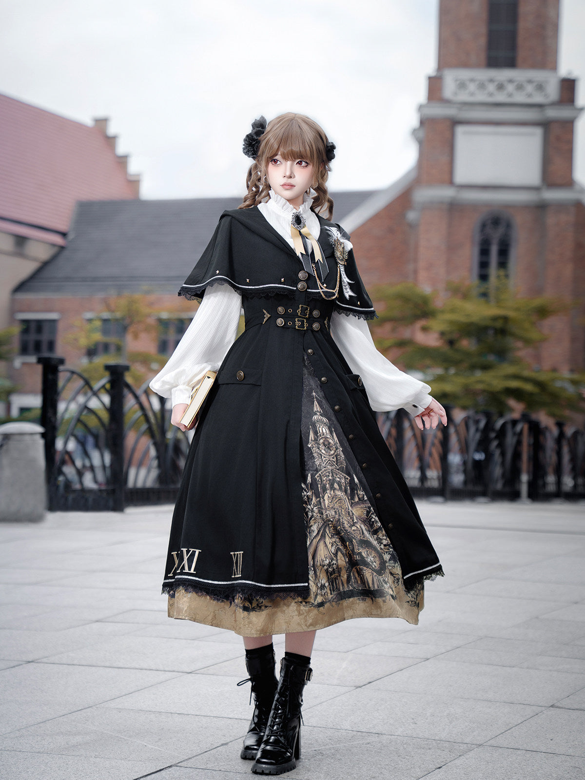 Time Dragon Lolita Set- Dark Academic Cape Coat Vintage Clock Print Dress- Black Gold S-XL