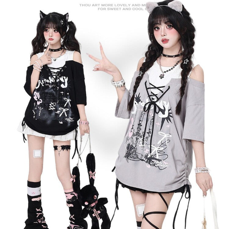 Sweet Bow Tie Fake Two-Piece Off-Shoulder Drawstring Oversized Short Sleeve Slim Top – Summer Style