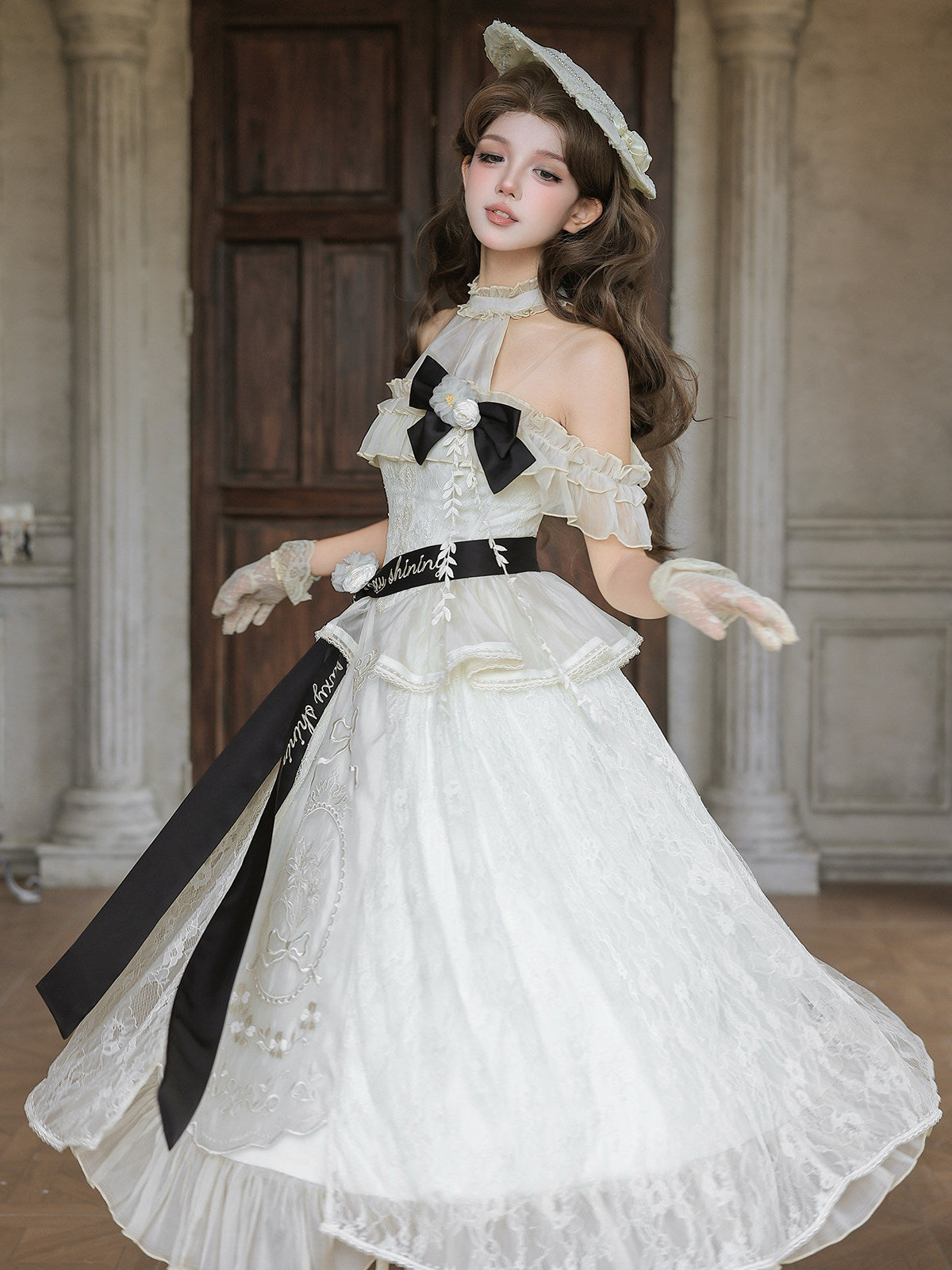 Bird Floral Classic Lolita Dress - Off Shoulder Halter - Vintage Lace Midi Dress