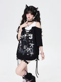 Sweet Bow Tie Fake Two-Piece Off-Shoulder Drawstring Oversized Short Sleeve Slim Top – Summer Style