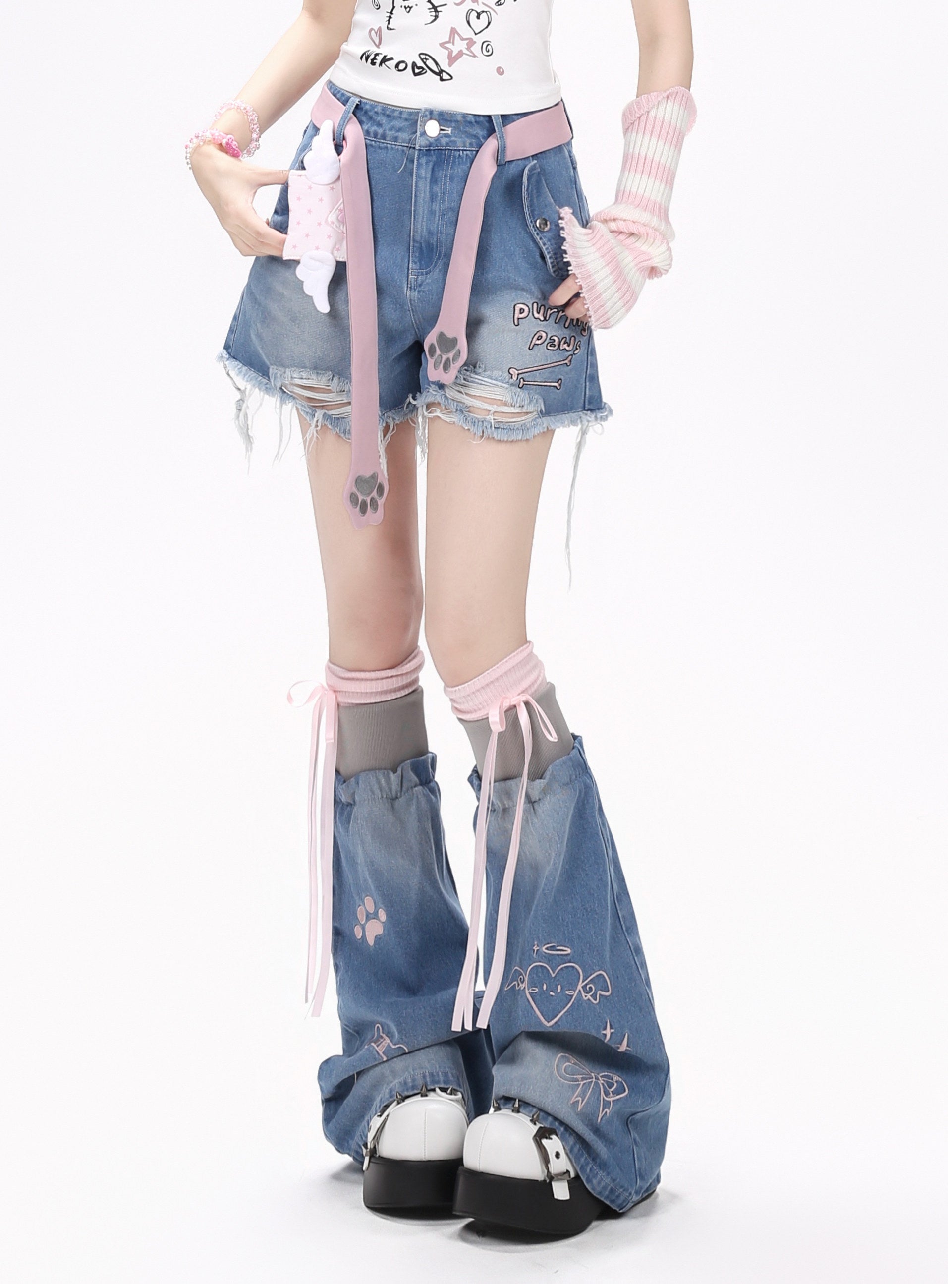 First Generation Kitten 2.0 Original Süße Mädchen Design High-Waist Jeansshorts – Sommer