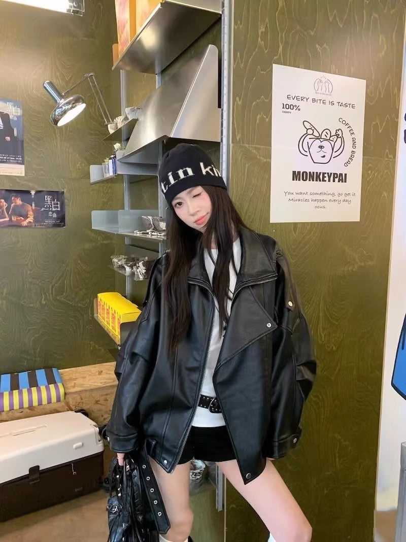 Black PU Leather Moto Jacket- Cool Streetwear Biker Coat Spring Autumn- S-L