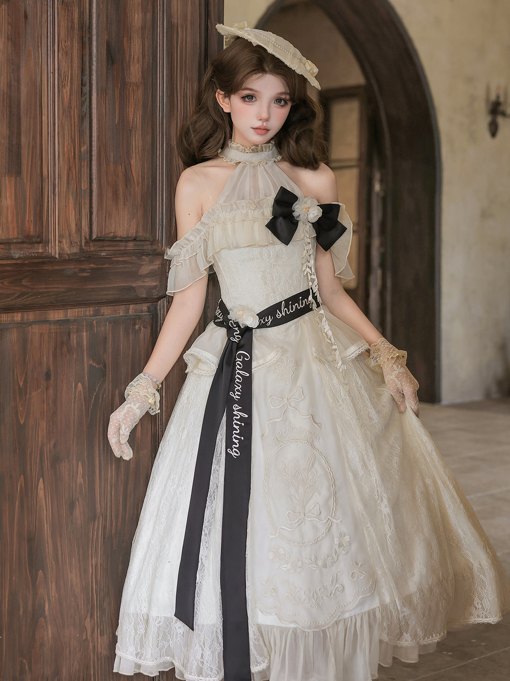 Bird Floral Classic Lolita Dress - Off Shoulder Halter - Vintage Lace Midi Dress
