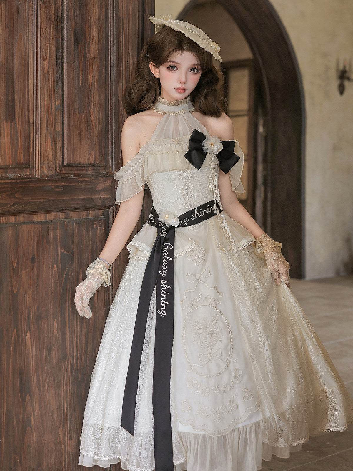 Bird Floral Classic Lolita Dress - Off Shoulder Halter - Vintage Lace Midi Dress